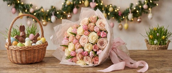 Bouquet of pastel roses with Easter decorations on wooden table  
