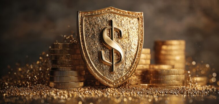 The Golden Shield Emblazoned with Dollar Sign Protecting Stacks of Coins