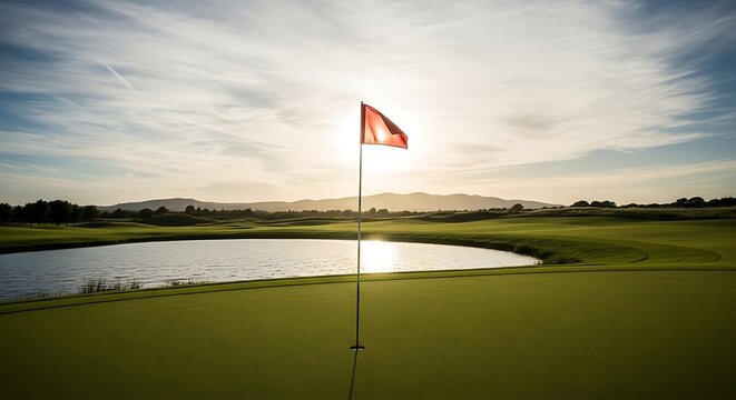 A serene golf course scene with a flagstick in the foreground