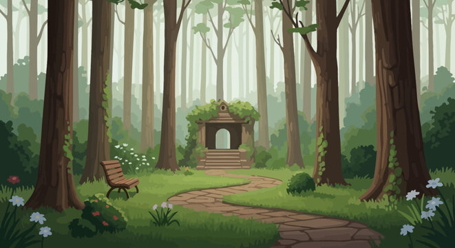 Mystical Forest Glade with Ancient Treehouse.