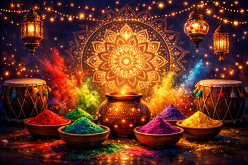 Holi Celebration Concept Art with Traditional Elements