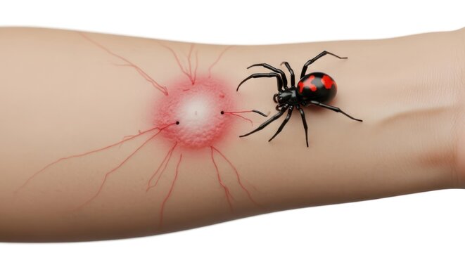 Realistic rendering of a black widow spider bite with surrounding inflammation and an arm