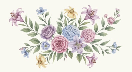 Watercolor Floral Arrangement with Roses and Lilies.
