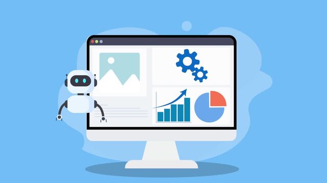Flat vector animation of an AI dashboard on a desktop monitor with charts, media image icon, and a friendly robot assistant, representing automation, analytics, and smart digital technology.