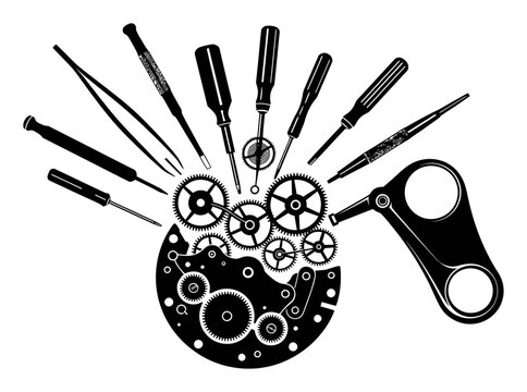 Watchmaker Tools & Clock Gears - Black & White Vector