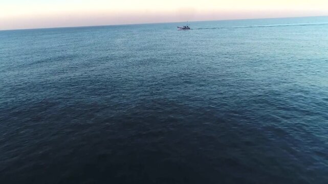 Aerial view of Fishing boat in Arabian Sea at Honnavar Karnataka in India
