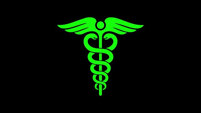 Green caduceus Medical Symbol animation on Black Background