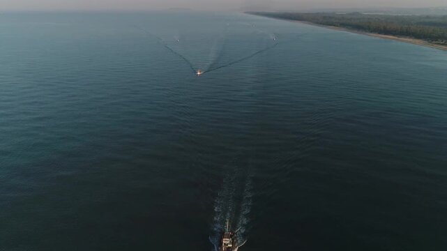 Aerial view of Fishing boat in Arabian Sea at Honnavar Karnataka in India