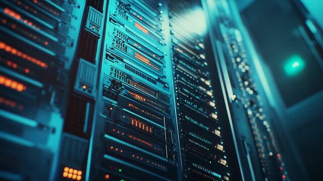 Server racks with blinking lights working in a modern data center, representing global information networks, cloud computing, and advanced technology infrastructure