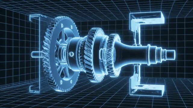 3D rendered mechanical gear system with blue wireframe design.