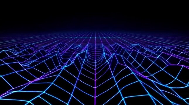 Abstract Digital Landscape: Explore a vibrant, low-poly digital landscape with an immersive perspective. The neon grid creates an illusion of a 3D terrain under the dark space.