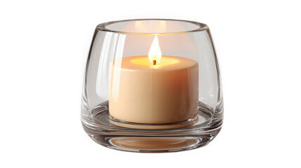 Burning Candle in Glass Holder glowing warm light isolated on transparent background