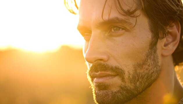 A man's face in profile, illuminated by warm sunlight