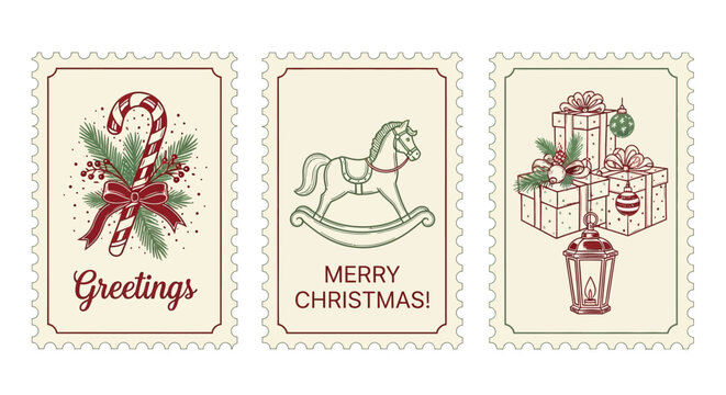 Three vintage Christmas-themed postage stamps featuring festive illustrations: a candy cane with holly, a rocking horse, and stacked gift boxes with a lantern.