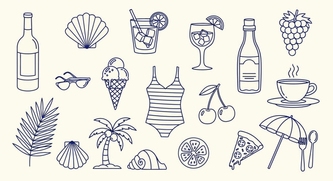 A collection of hand-drawn line art illustrations depicting summer vacation and leisure activities, including drinks, food, and beach items.