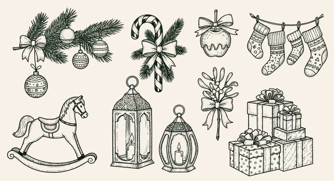 A charming hand-drawn illustration of various festive Christmas decorations and symbols, rendered in a vintage sketch style.