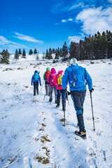 Group of hikers in the Slovenian Alps snow