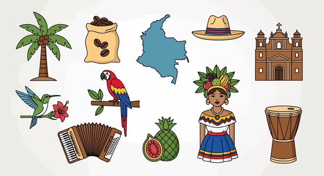 A vibrant collection of Colombian cultural symbols and iconic elements, including flora, fauna, and traditional artifacts.