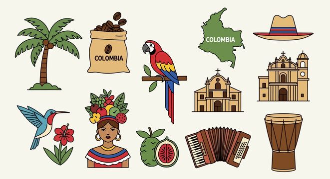 A vibrant collection of Colombian cultural icons, including a parrot, coffee bag, and traditional attire, set against a neutral background.