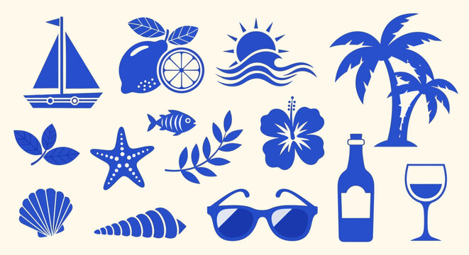 A collection of blue summer-themed icons including a sailboat, palm trees, sunglasses, and tropical fruits.
