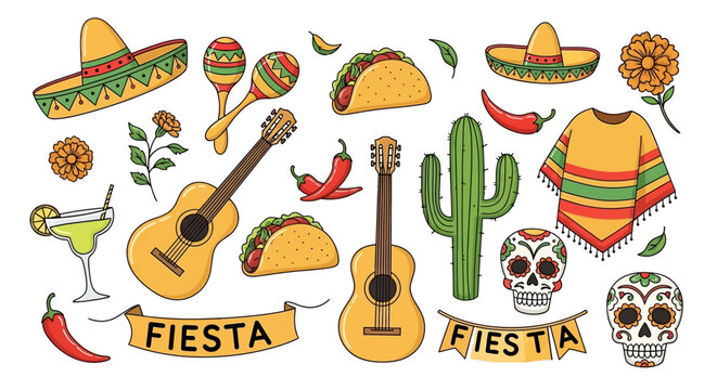 A vibrant collection of colorful Mexican cultural symbols including sombreros, guitars, maracas, tacos, chili peppers, cacti, sugar skulls, and ponchos.