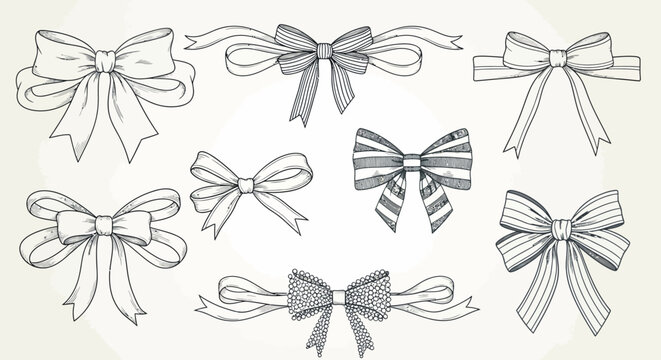 A collection of hand-drawn illustrations of various bow designs, presented in a vintage sketch style.