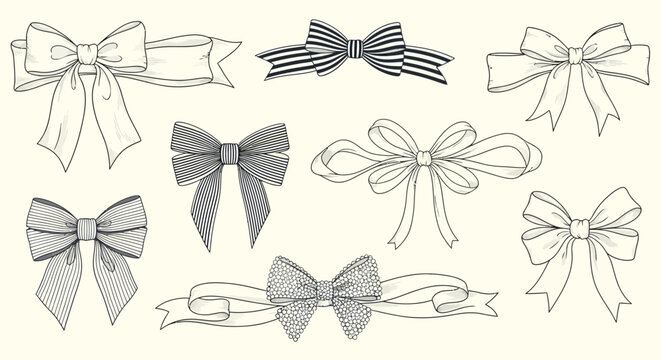 A collection of hand-drawn illustrations of various bows and ribbons, presented in a vintage sketch style.