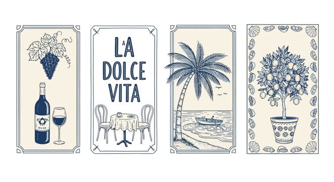 Four vintage-style illustrations showcasing Italian and Mediterranean themes, featuring wine, a cafe scene, a coastal palm tree, and a potted citrus fruit tree.