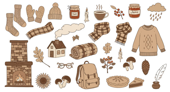A charming collection of cozy autumn-themed illustrations featuring warm clothing, seasonal food, and rustic home elements.