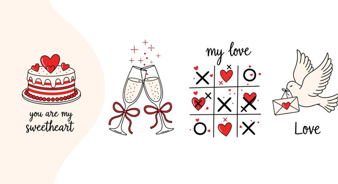 A collection of four charming illustrations celebrating love and Valentine's Day, featuring a heart cake, champagne flutes, tic-tac-toe with hearts, and a dove with a love letter.