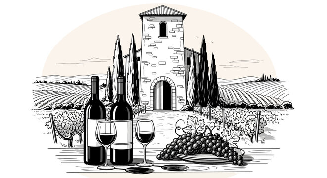 A rustic Italian vineyard scene featuring wine bottles, glasses of red wine, a bunch of grapes, and a stone building with cypress trees.
