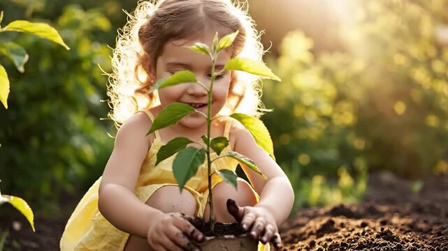 Young child planting small green seedling in rich brown soil with golden sunlight