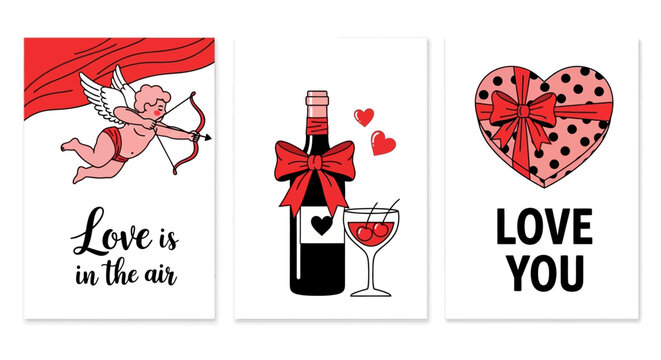 Three Valentine's Day themed illustrations featuring a cupid, a bottle of wine with a glass, and a heart-shaped gift box.