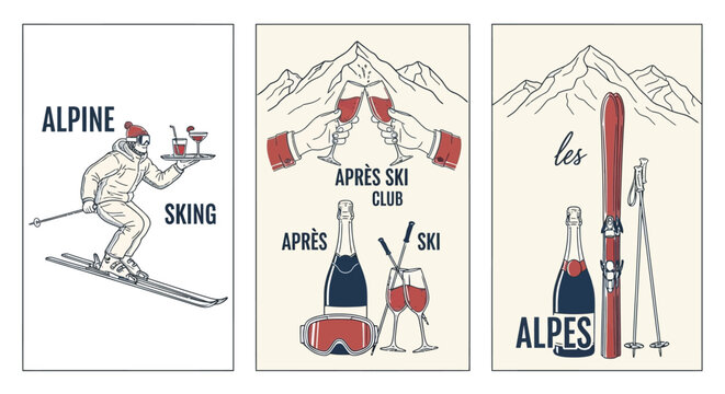 Vintage-style posters depicting alpine skiing, apr&egrave;s-ski celebrations with champagne and cocktails, and the scenic Alps mountains.