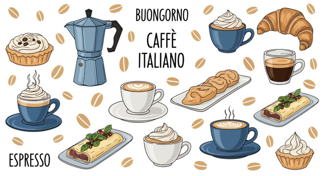 Italian coffee and breakfast pastries collection with Moka pot and espresso.