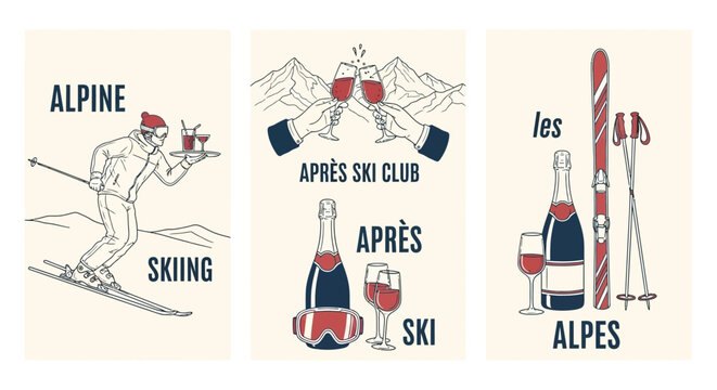 Three vintage-style illustrations depicting alpine skiing and apr&egrave;s-ski activities with drinks and mountains.
