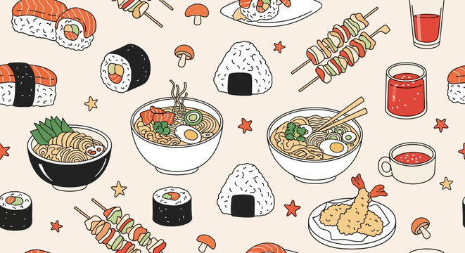 A delightful and colorful illustration of various Japanese dishes, including sushi, ramen, onigiri, and skewers, presented in a charming, hand-drawn style.