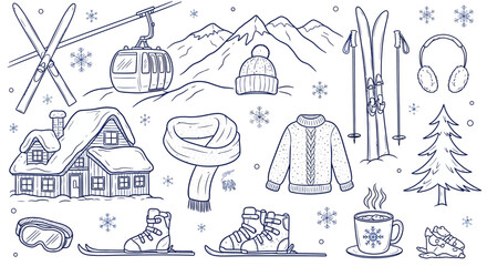 Hand-drawn doodle collection of winter sports and cozy elements, including skis, ski lift, cabin, mountains, and warm clothing. © Jonan