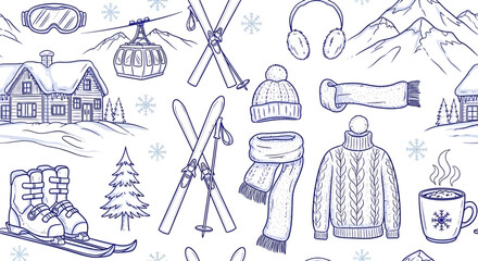 Seamless pattern with hand-drawn winter sports and cozy elements like skis, cabins, mountains, warm clothes, and hot drinks, perfect for holiday designs. © Jonan