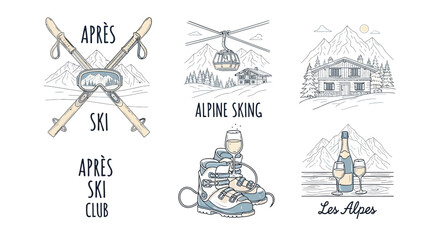 A collection of hand-drawn illustrations depicting various aspects of alpine skiing and après ski culture, including ski equipment, mountain chalets, gondolas, and champagne. © Jonan
