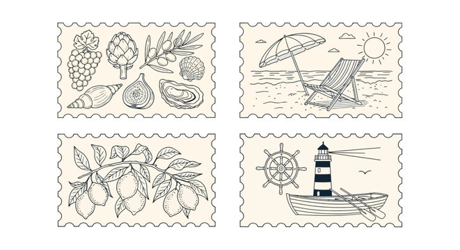 Set of four vintage hand-drawn postage stamp illustrations depicting Mediterranean food, beach vacation, lemon branch, and maritime elements like a lighthouse and boat.