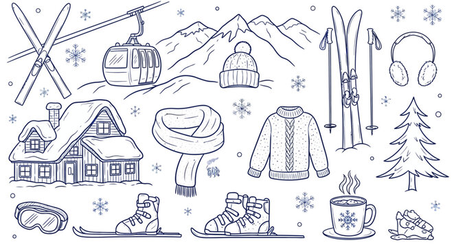 Hand-drawn doodle collection of winter sports and cozy elements, including skis, ski lift, cabin, mountains, and warm clothing.