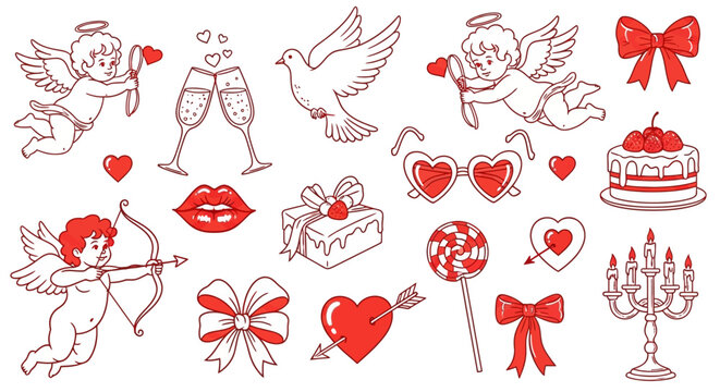 A collection of hand-drawn Valentine's Day elements including cupids, hearts, gifts, and romantic symbols, in red and white sketch style.