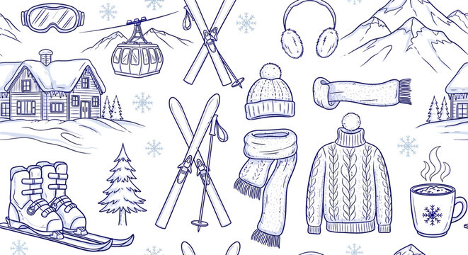 Seamless pattern with hand-drawn winter sports and cozy elements like skis, cabins, mountains, warm clothes, and hot drinks, perfect for holiday designs.