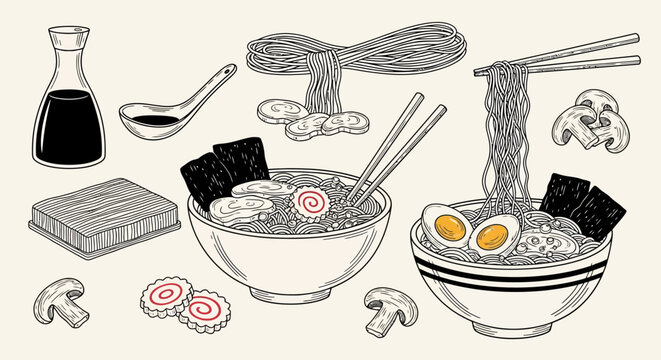 Hand-drawn illustration of various ramen ingredients and bowls, including noodles, eggs, mushrooms, nori, narutomaki, soy sauce, and chopsticks, in a vintage engraving style.