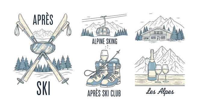 Collection of vintage-style illustrations depicting various aspects of alpine skiing and apr&egrave;s-ski culture, including ski equipment, mountain lodges, and celebratory drinks.