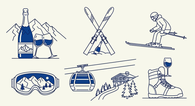 Blue line art icons illustrating a luxury ski vacation, featuring champagne, skis, a skier, goggles, a gondola, a mountain cabin, and a ski boot with wine.