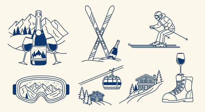 Collection of elegant line art illustrations depicting winter sports, mountain leisure, and luxury ski resort activities.