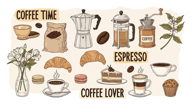 A collection of hand-drawn coffee-themed illustrations including various brewing methods, beans, cups, pastries, and flowers, with text "COFFEE TIME", "ESPRESSO", "COFFEE LOVER".