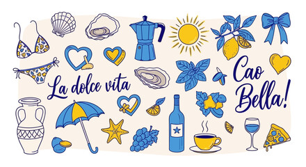 A vibrant collection of hand-drawn Italian summer and sweet life themed illustrations, featuring food, drinks, fashion, and travel elements. © Jonan